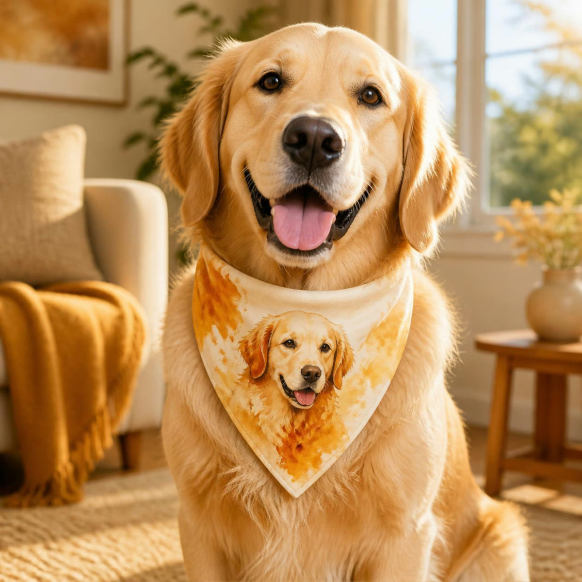 Custom pet portrait bandana on a happy golden retriever