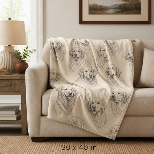 Custom Pet Portrait Blanket 30 x 40 in size mockup draped on sofa