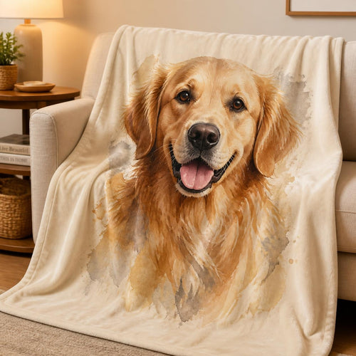 Custom pet portrait blanket with watercolor golden retriever design draped over a sofa