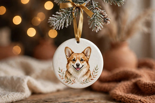 Round white ceramic custom pet portrait ornament with hand-painted corgi design