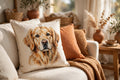 Custom pet portrait throw pillow with hand-painted golden retriever design on a cream sofa