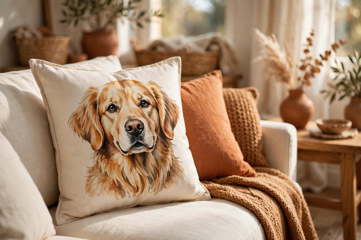Custom pet portrait throw pillow with hand-painted golden retriever design on a cream sofa