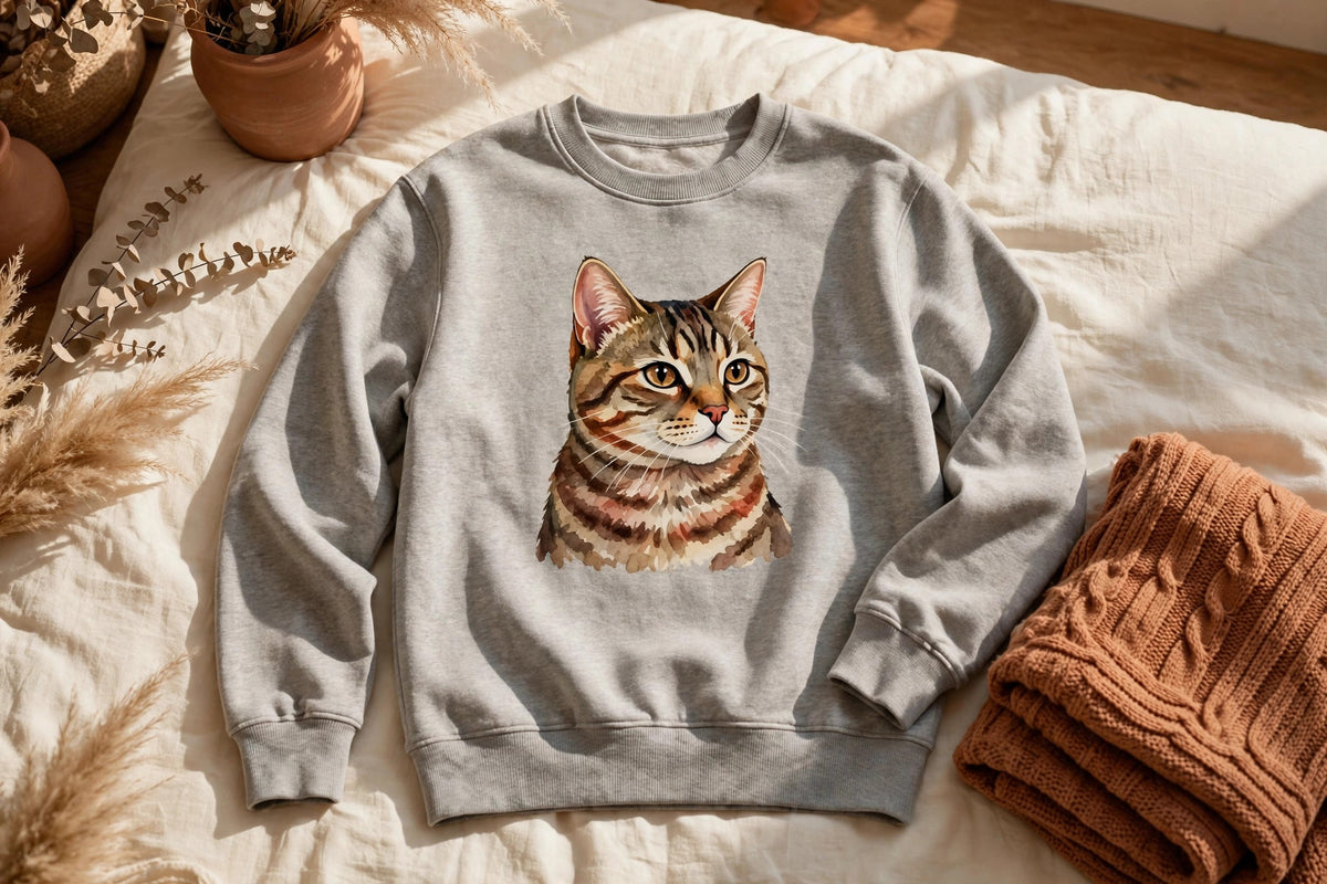 Heather grey custom pet portrait crewneck sweatshirt with hand-painted tabby cat design